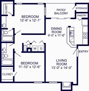 Floor plan for 2 beds, 2 baths, 1012 sqft